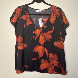 Nine West Black and Orange Floral Blouse